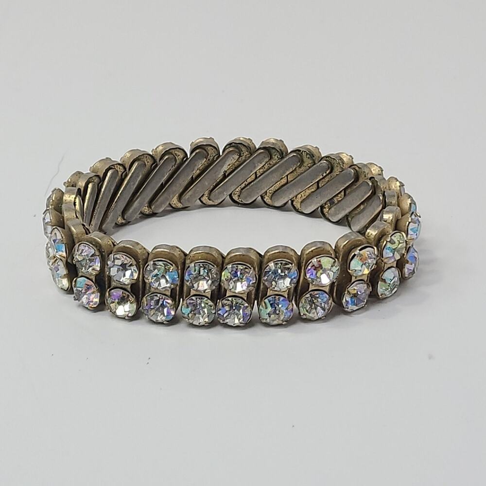 Vintage Rhinestone Expansion Stretch Bracelet Rainbow Sparkle 1950's Brass Tone